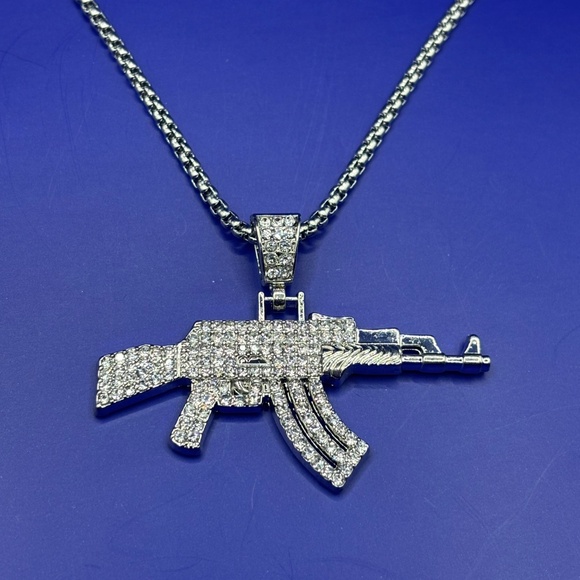 Silver tone Iced out AK-47 pendant 3A CZ hip hop rapper jewelry chain included - Picture 2 of 4